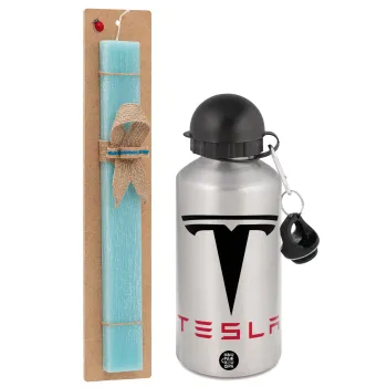 Tesla motors, Easter Set, metallic silver aluminum water bottle (500ml) & scented flat Easter candle (30cm) (TURQUOISE)