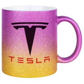 Tesla motors, Κούπα Χρυσή/Ροζ Glitter, κεραμική, 330ml