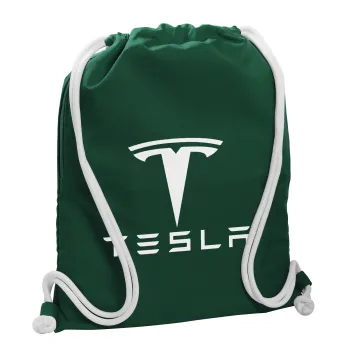 Tesla motors, Backpack pouch GYMBAG BOTTLE GREEN, with pocket (40x48cm) & thick white cords