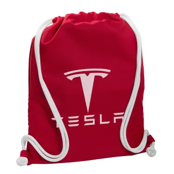Tesla motors, Backpack pouch GYMBAG Red, with pocket (40x48cm) & thick cords