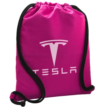 Tesla motors, Backpack pouch GYMBAG Fuchsia, with pocket (40x48cm) & thick cords