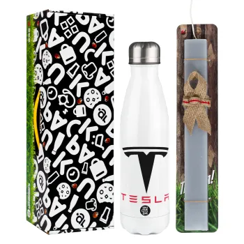 Tesla motors, Easter candle, metallic white thermos bottle (500ml) & aromatic flat candle (30cm) (GRAY)