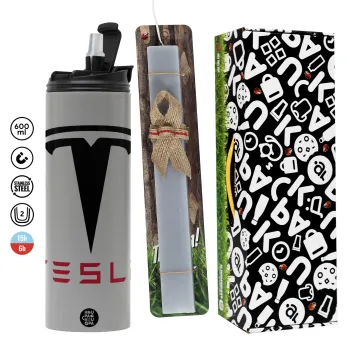 Tesla motors, Πασχαλινή Λαμπάδα με Travel Tumbler θερμό (600ml, BPA free) & κερί αρωματικό πλακέ (30cm) (ΓΚΡΙ)
