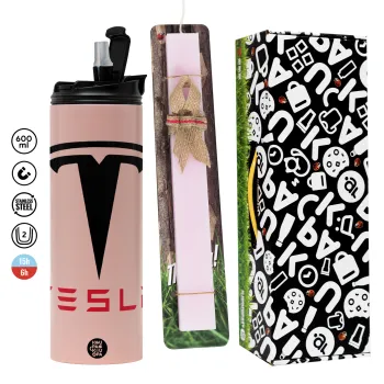 Tesla motors, Easter candle,Travel Tumbler 2 Lids, with metal straw & cleaning brush & aromatic flat candle (30cm) (PINK)