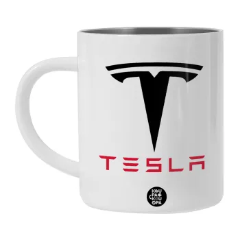 Tesla motors, Λευκή Ανοξείδωτη Μεταλλική Κούπα 450ml - Διπλού Τοιχώματος 