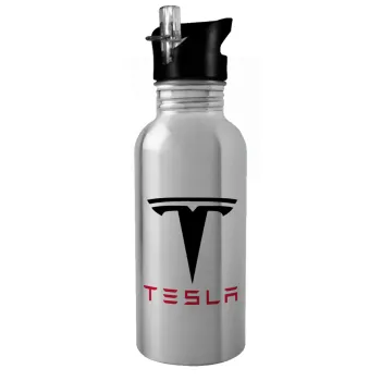 Tesla motors, Water bottle Silver with straw, stainless steel 600ml