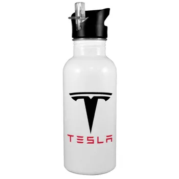 Tesla motors, White water bottle with straw, stainless steel 600ml