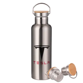 Tesla motors, Stainless steel Silver with wooden lid (bamboo), double wall, 750ml