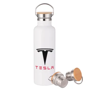 Tesla motors, Stainless steel White with wooden lid (bamboo), double wall, 750ml