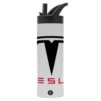 Tesla motors, Metallic thermos bottle with straw & handle, stainless steel (Stainless steel 304), double-walled, 600ml.