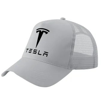 Tesla motors, Καπέλο Trucker με Δίχτυ, ΓΚΡΙ, (ΒΑΜΒΑΚΕΡΟ, ΠΑΙΔΙΚΟ, UNISEX, ONE SIZE)