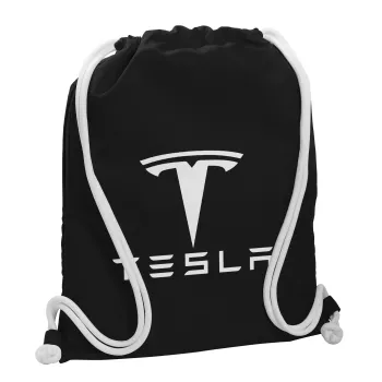 Tesla motors, Backpack pouch GYMBAG Black, with pocket (40x48cm) & thick white cords