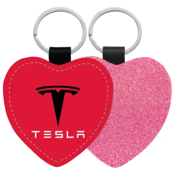 Tesla motors, Μπρελόκ PU δερμάτινο glitter καρδιά ΡΟΖ