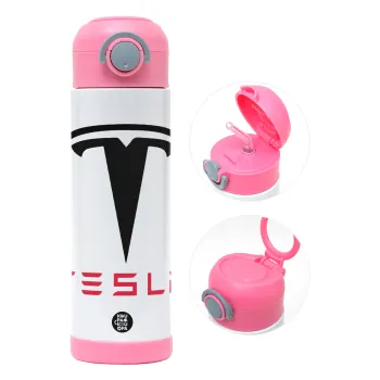 Tesla motors, Children's hot water bottle, stainless steel, with safety straw, PINK (500ml)