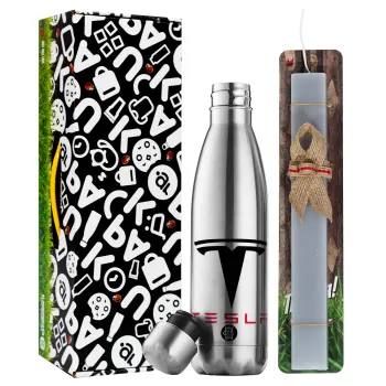 Tesla motors, Easter Set, metallic stainless thermos flask (500ml) & scented flat Easter candle (30cm) (GRAY)