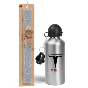 Tesla motors, Easter Set, metallic silver aluminum water bottle (500ml) & aromatic flat Easter candle (30cm) (GRAY)