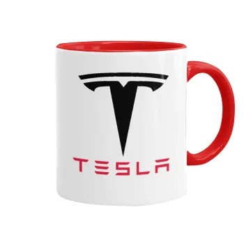 Tesla motors, Κούπα χρωματιστή κόκκινη, κεραμική, 330ml