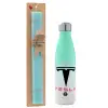 Easter Set, Metallic green/white thermos (Stainless steel), double-walled, 500ml & scented flat Easter candle (30cm) (TURQUOISE)