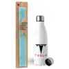 Easter Set, metallic stainless steel water bottle (750ml) & aromatic flat Easter candle (30cm) (TURQUOISE)
