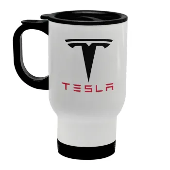 Tesla motors, Stainless steel travel mug with lid, double wall white 450ml