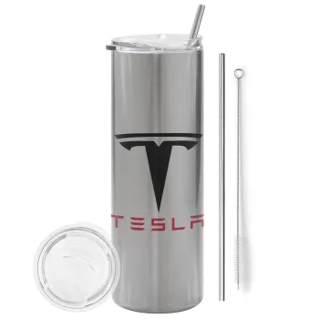 Tesla motors, Tumbler stainless steel Silver 600ml, with metal straw & cleaning brush
