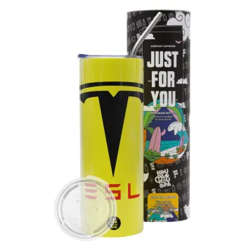 Tesla motors, Neon Yellow Travel Tumbler θερμό, μεταλλικό καλαμάκι(Ανωξείδωτο 304 Food grade, BPA free, 600ml)