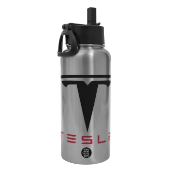 Tesla motors, Μεταλλικό παγούρι θερμός Silver με καλαμάκι και χερούλι (Stainless steel), διπλού τοιχώματος, 950ml