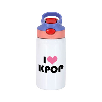 I Love KPOP, Children's hot water bottle, stainless steel, with safety straw, pink/purple (350ml)