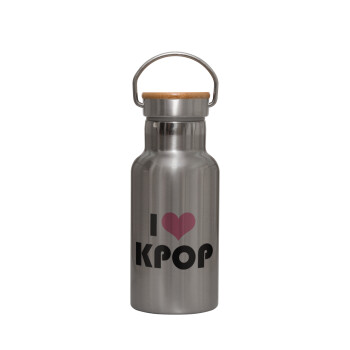 I Love KPOP, Stainless steel metallic thermos flask, silver with a bamboo lid, double-walled, 350ml.