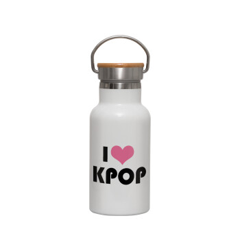 I Love KPOP, Metallic thermos (Stainless steel) White with wooden lid (bamboo), double-walled, 350ml