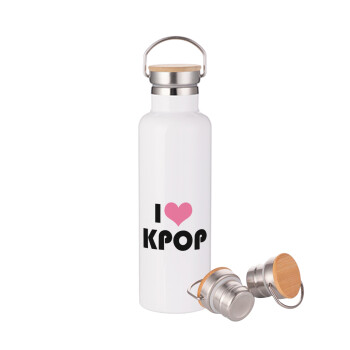 I Love KPOP, Μεταλλικό παγούρι θερμός (Stainless steel) Λευκό με ξύλινο καπάκι (bamboo), διπλού τοιχώματος, 750ml