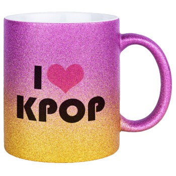 I Love KPOP, Κούπα Χρυσή/Ροζ Glitter, κεραμική, 330ml