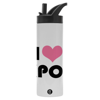 I Love KPOP, Metallic thermos bottle with straw & handle, stainless steel (Stainless steel 304), double-walled, 600ml.