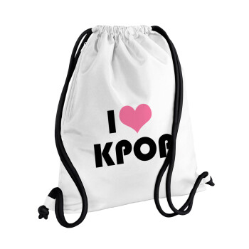 I Love KPOP, Τσάντα πλάτης πουγκί GYMBAG λευκή, με τσέπη (40x48cm) & χονδρά κορδόνια