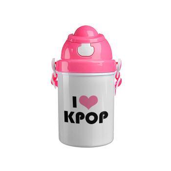 I Love KPOP, Ροζ παιδικό παγούρι πλαστικό (BPA-FREE) με καπάκι ασφαλείας, κορδόνι και καλαμάκι, 400ml