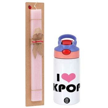 I Love KPOP, Easter Set, Children's thermal stainless steel water bottle with safety straw, pink/purple (350ml) & Easter scented flat candle (30cm) (PINK)