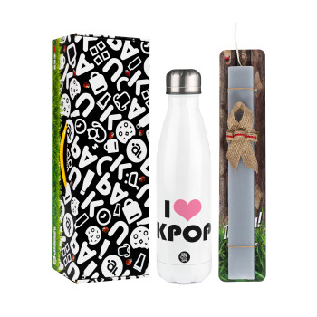 I Love KPOP, Πασχαλινή Λαμπάδα με μεταλλικό παγούρι θερμός λευκός (500ml) & λαμπάδα αρωματική πλακέ (30cm) (ΓΚΡΙ)