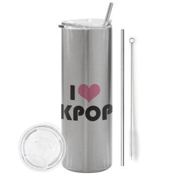 I Love KPOP, Tumbler ποτήρι θερμό Ασημένιο από ανοξείδωτο ατσάλι 600ml, με μεταλλικό καλαμάκι & βούρτσα καθαρισμού