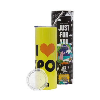 I Love KPOP, Neon Yellow Travel Tumbler, with metal straw (Stainless steel 304 Food grade, BPA free, 600ml)
