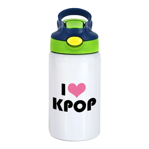 I Love KPOP — Children's hot water bottle, stainless steel, with safety straw, green, blue (350ml)