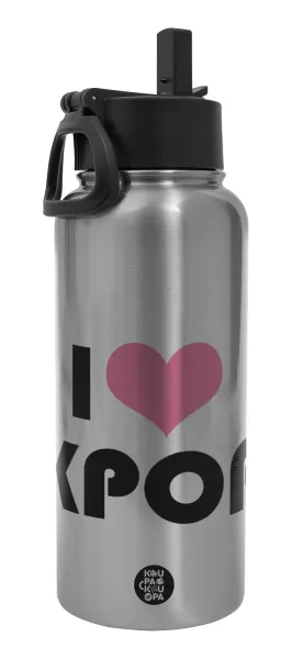 I Love KPOP — Μεταλλικό παγούρι θερμός Silver με καλαμάκι και χερούλι (Stainless steel), διπλού τοιχώματος, 950ml