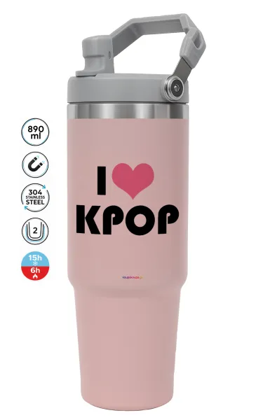 I Love KPOP — ΡΟΖ Travel Tumbler Θερμός με χερούλι και καλαμάκι 890ml