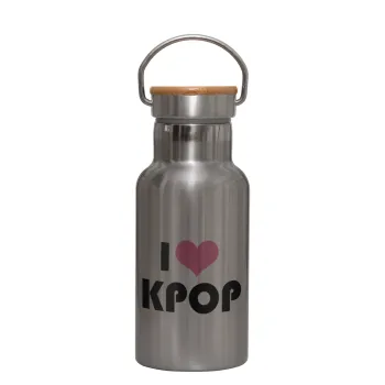 I Love KPOP, Μεταλλικό παγούρι θερμός (Stainless steel) Ασημένιο με ξύλινο καπακι (bamboo), διπλού τοιχώματος, 350ml