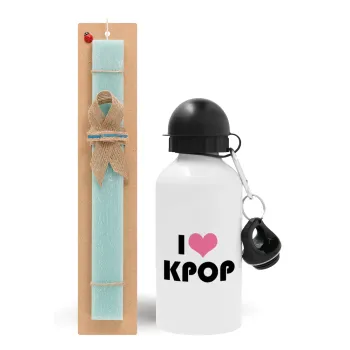 I Love KPOP, Easter Set, metallic aluminum water bottle (500ml) & scented flat candle (30cm) (TURQUOISE)