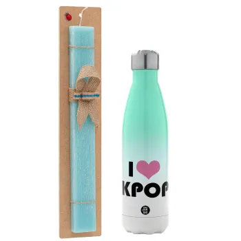 I Love KPOP, Easter Set, Metallic green/white thermos (Stainless steel), double-walled, 500ml & scented flat Easter candle (30cm) (TURQUOISE)