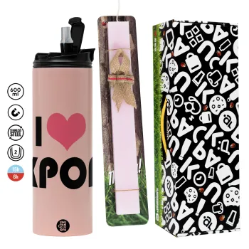 I Love KPOP, Easter candle,Travel Tumbler 2 Lids, with metal straw & cleaning brush & aromatic flat candle (30cm) (PINK)