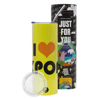 I Love KPOP, Neon Yellow Travel Tumbler θερμό, μεταλλικό καλαμάκι(Ανωξείδωτο 304 Food grade, BPA free, 600ml)
