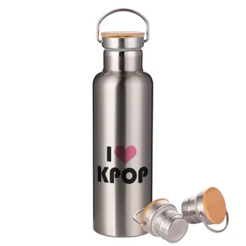 I Love KPOP, Stainless steel Silver with wooden lid (bamboo), double wall, 750ml