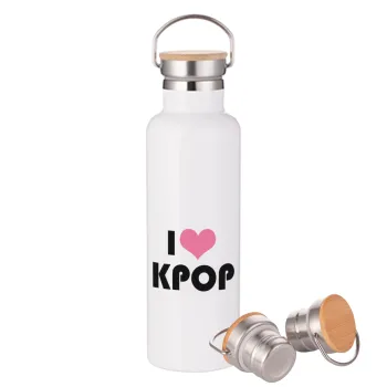 I Love KPOP, Stainless steel White with wooden lid (bamboo), double wall, 750ml