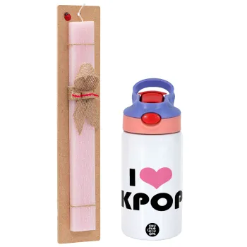 I Love KPOP, Easter Set, Children's thermal stainless steel water bottle with safety straw, pink/purple (350ml) & Easter scented flat candle (30cm) (PINK)